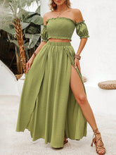 Off Shoulder Cropped Shirred Top And High Slit Skirt, Vacation 2-Piece Set